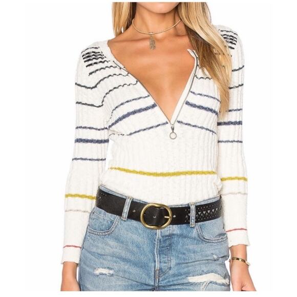 Free People Tops - Free People Rossi Ribbed Knit Half Zip Pullover Sweater Large White Striped Boho
